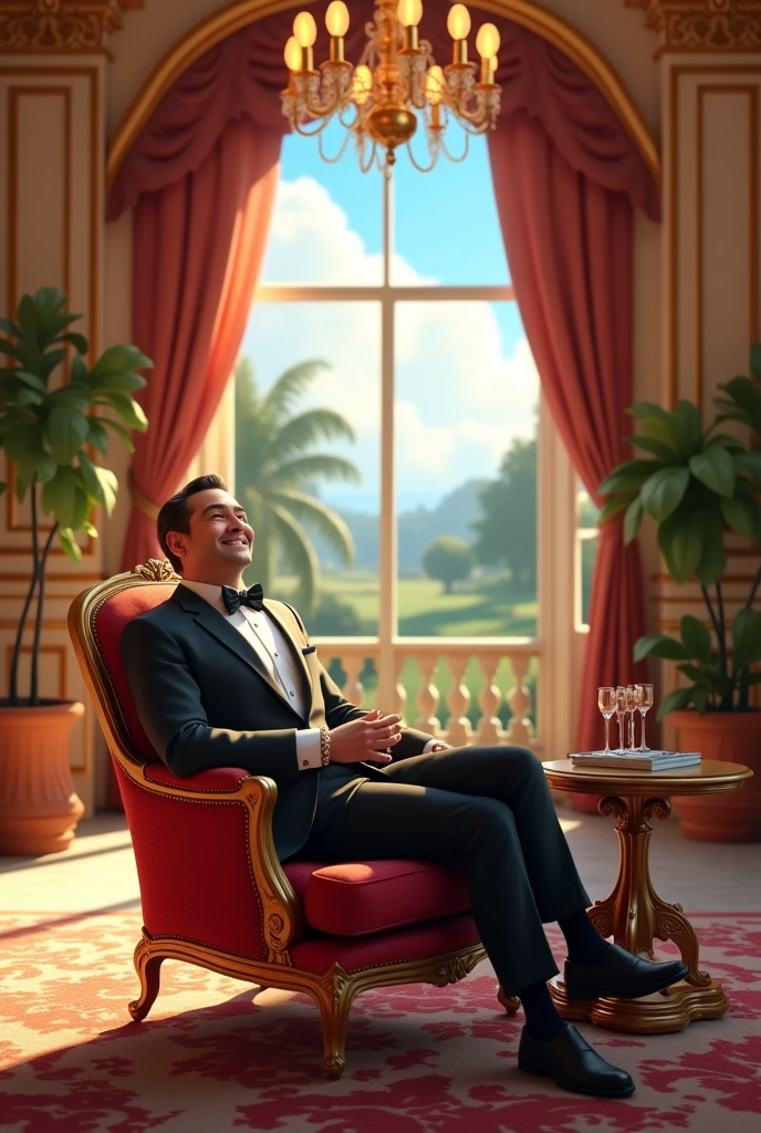 A rich man at his fancy house, pixar disney style, 3d , high-aesthetic, cinematic, masterpiece