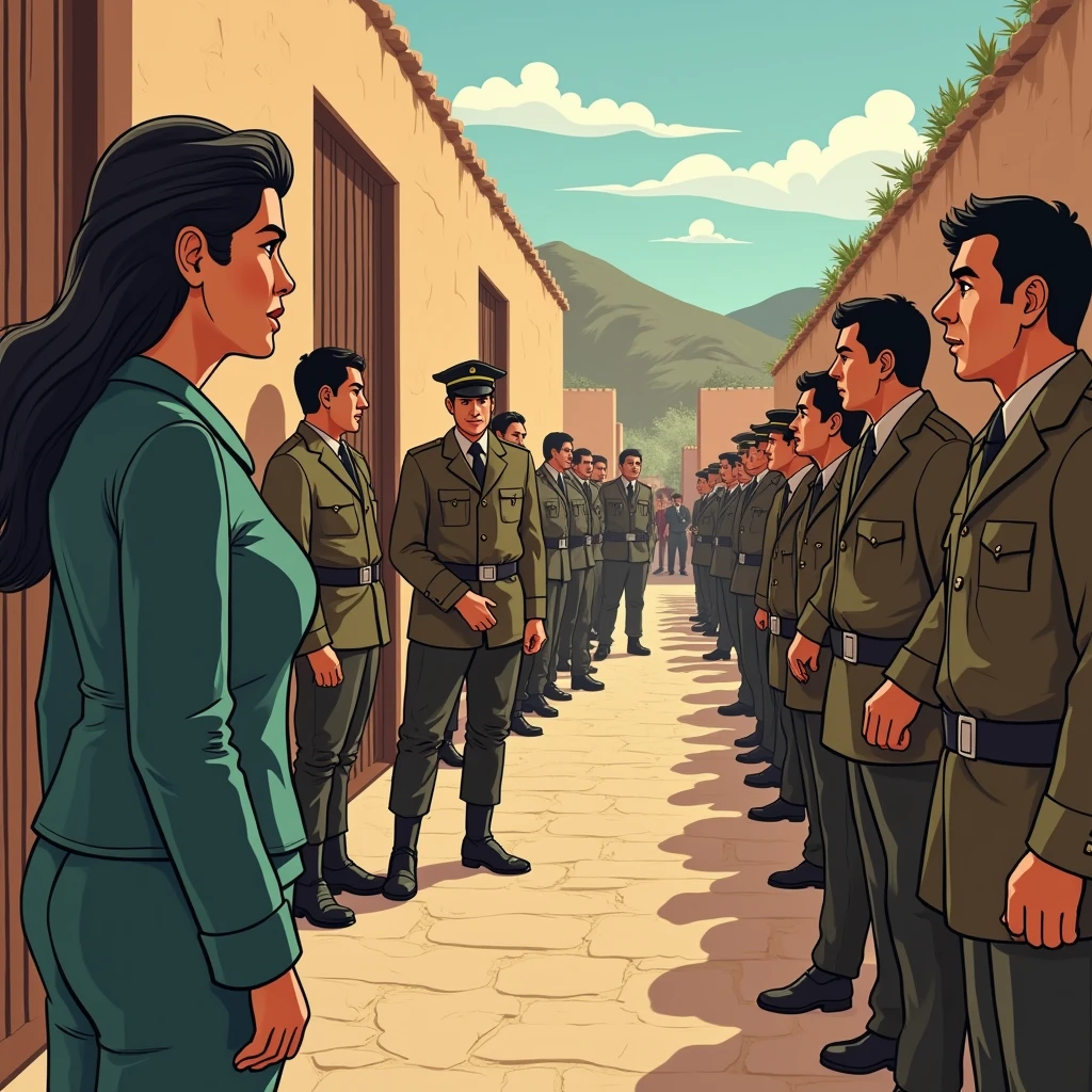 Clara approaches the Peruvian prisoners, where Sergeant Vildozo is among them and they start talking, cartoon style