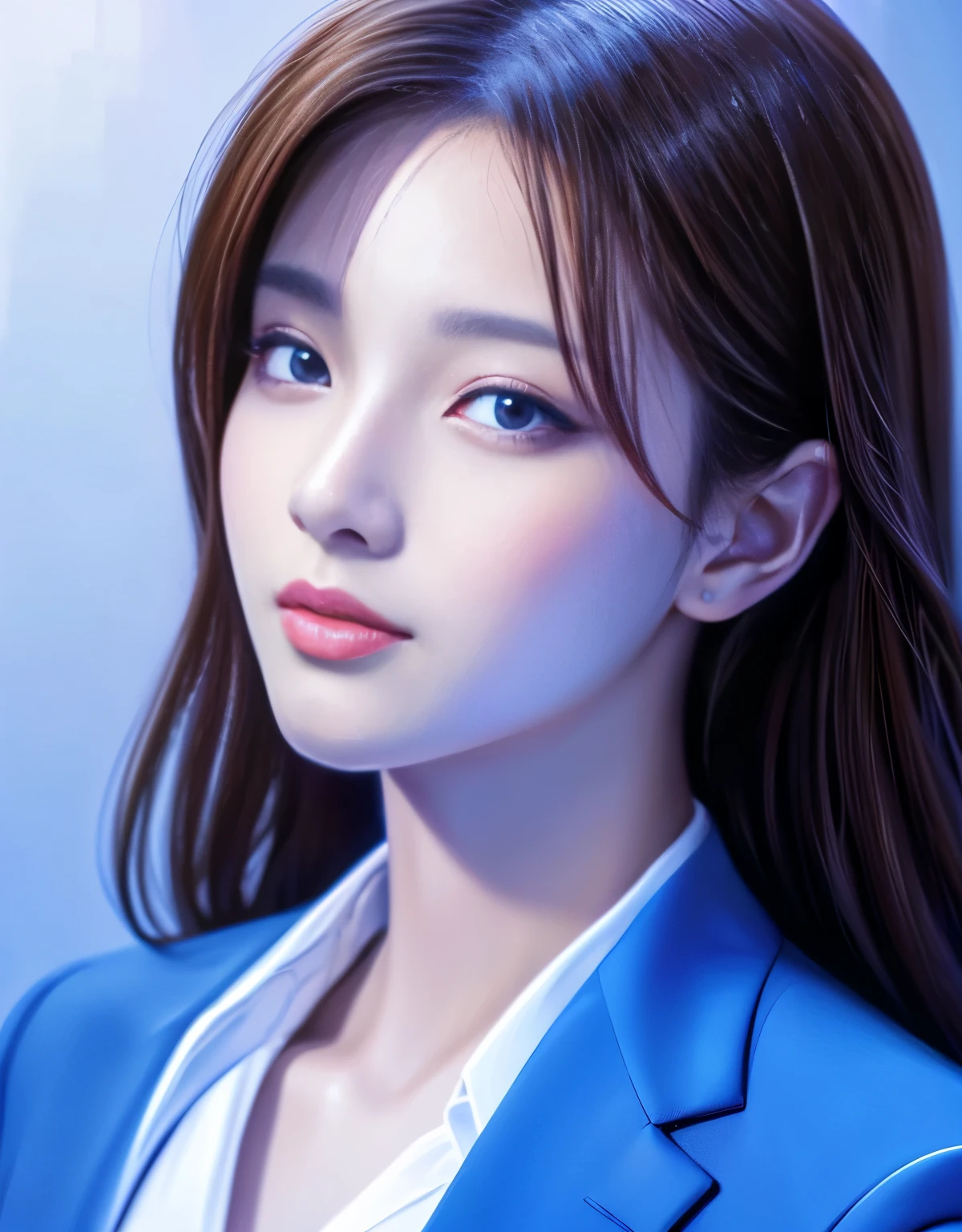 Close up portrait of woman in blue suit and white shirt, Elegant digital art, High-quality portraits, Shiny digital painting, Digital Art Images, Beautiful digital art, Elegant digital painting, Portrait of a female idol in Japan, Beautiful digital painting, Realistic cute girl drawing, high quality digital painting, TWICE's Tzuyu, Professional Profile Photo, Japanese Girls