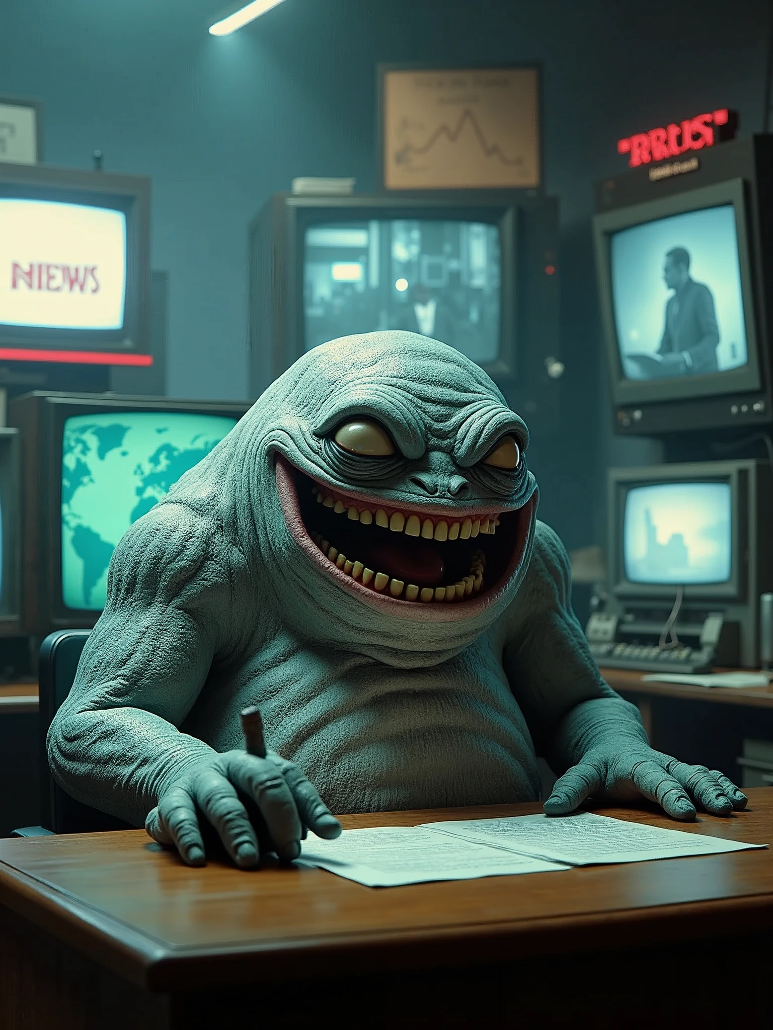 A cinematic and surreal scene where a giant grey, blueish blob serves as the news anchor. The monster, with a wide toothy grin, sits at the news desk, holding a microphone and speaking into it. The background reveals a chaotic newsroom with various monitors displaying breaking news. The overall atmosphere is a mix of retro and modern, with a touch of horror and comedy. The monster's eyes have a human-like expression, and his body seems to be made of newspaper-like scales., cinematic