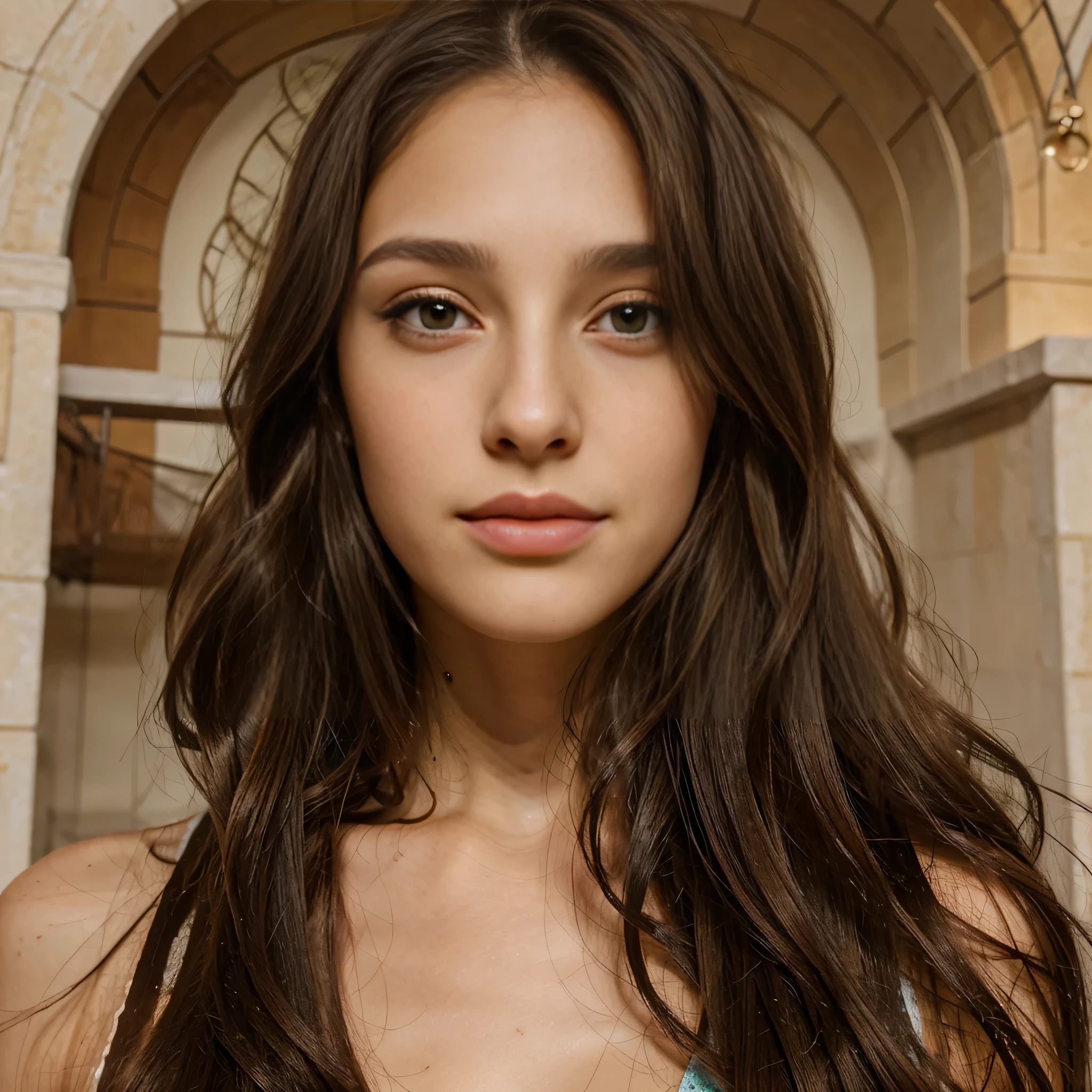 brunette long hair brown eyes aged 24 of Italian origin full face full lips and thin nose