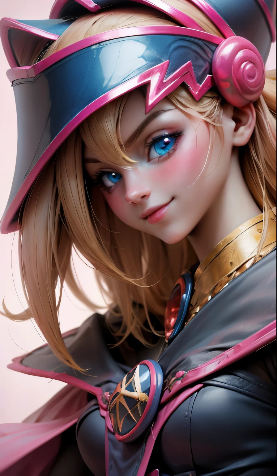 Create the beautiful face of dark magician gils. blue eyes. pink lips. Tez blanca. blond hair. Tender girl smile.  dark wizard gils 