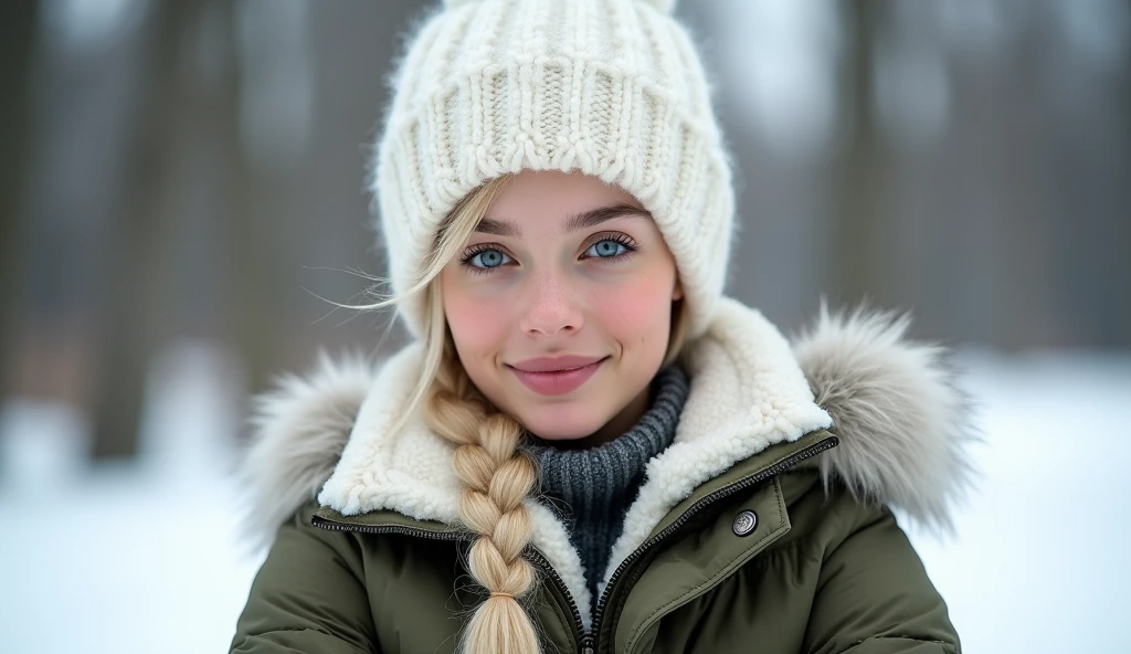 masterpiece, Best Quality, super rendering, High Detail Face, cowboy shot, 1girl, Solo, 10's Beautiful German girl, Platinum blonde hair, Single braided, Blue eyes, wearing a white Russian fluffy fur tall hat and army green winter clothes with white fur collar, looking toward the viewer with arms crossed, shallow depth of field, sharp focus, flat lighting, photo realistic, gentle smile facial expression