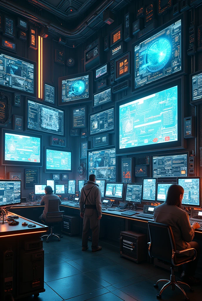 A cyberpunk room full of screens and lots of technology