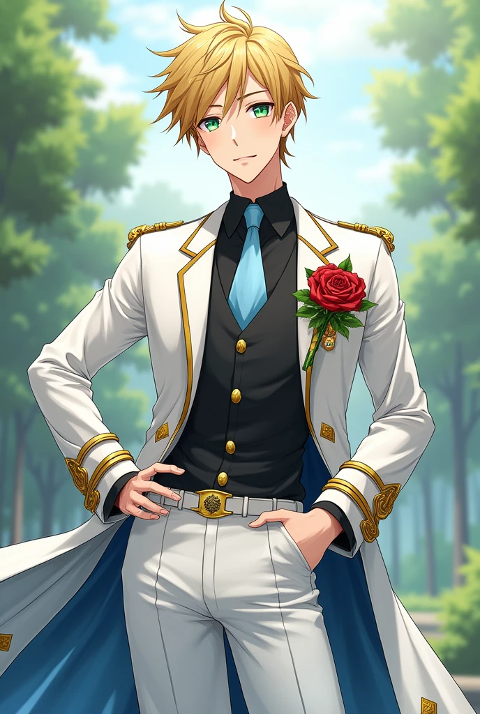 old boy with golden hair, light sea green eyes white skin , Lean, with earrings in the ears, formal wear, white cover inside the cover fabric similar to blue silk, gold accents prendendo uma parte da ponta de cima da capa na outra,part of fur on the top and bottom of the coat,calça branca com gold accents na cintura , top of black clothes, gold accents, gravata azul clara com gold accents, sleeves of white clothes, pose with hand on waist showing part of white sleeve while holding a bouquet of roses in the other, confident personality,affectionate,expert, caring.while smiling, varios gold accents na roupa toda, and a sun crest on the chest . アニメ