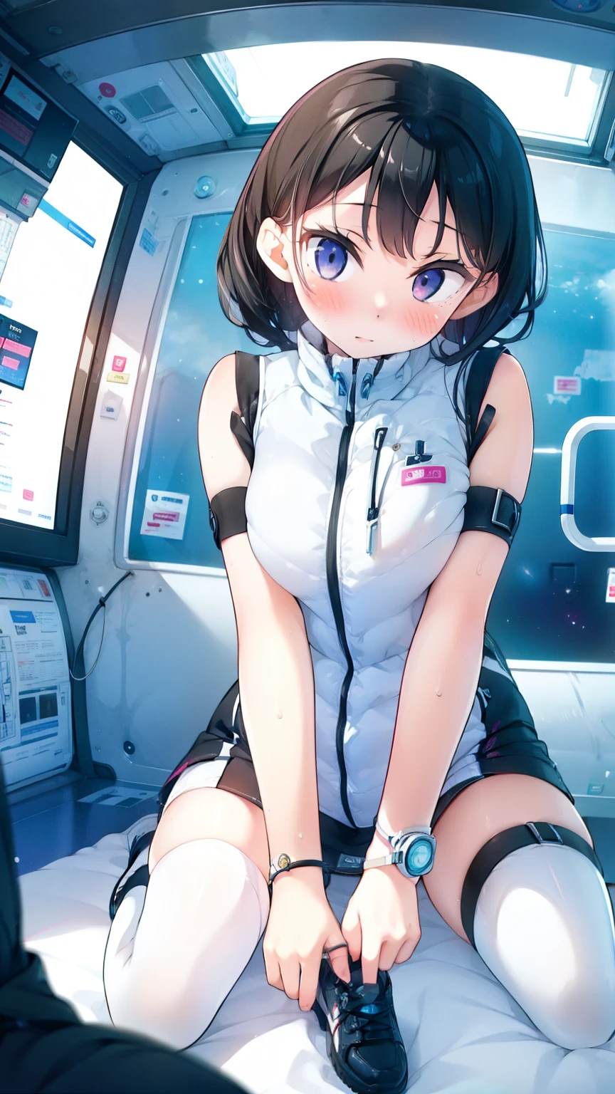 (Highest quality), (masterpiece), 1080P, High resolution, 4K, 8k, Inside the space station、Futuristic room、Thigh straps, Shooting from directly below, The woman on top of me, Nipples, 白いSweat, Covered , Sweat, Woman looking down, Skirt swimsuit, Thigh-high socks, To achieve this, 16 years old, , whole body, Black leather shoes, Braided hair, Inner Color, Embarrassed face, Short black hair, bracelet, Bedroom,celestial body_Vest
