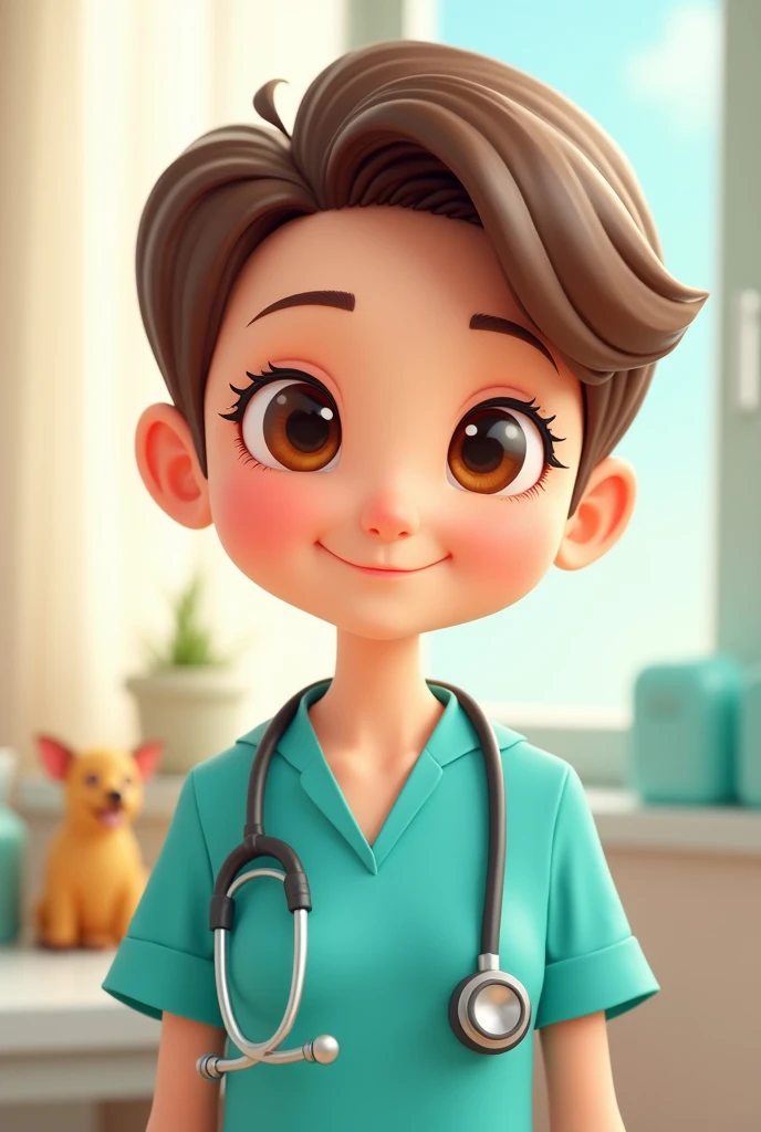 Cute cartoon doctor with short brown hair, big brown eyes with turquoise uniform