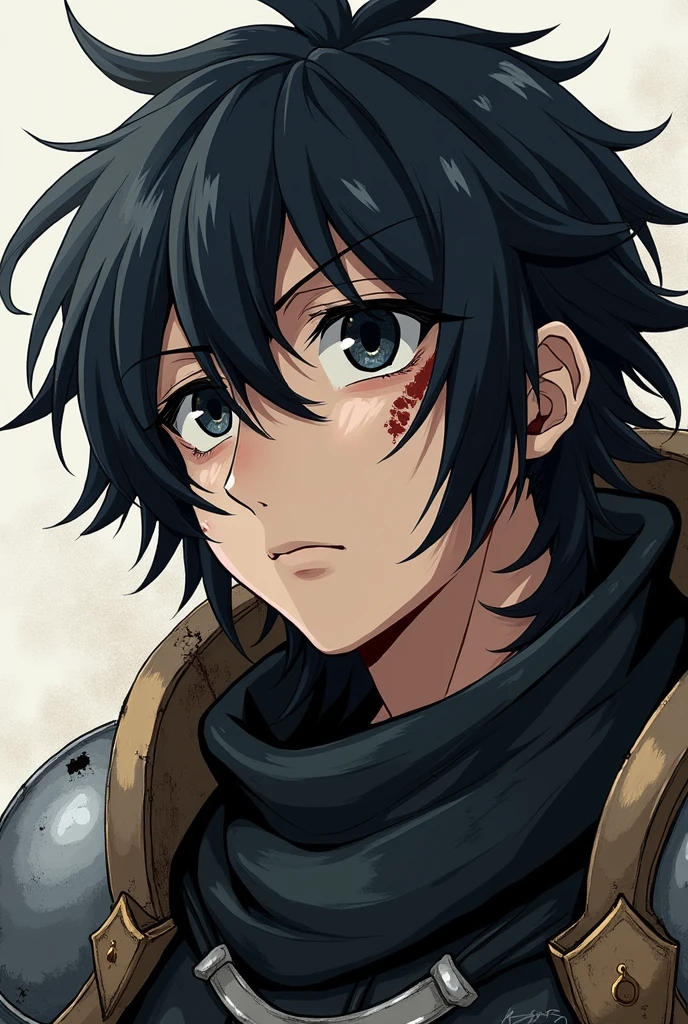 A 23 year old male with black eyes with long hair and a scar that runs across his cheek and down to his eye in an anime style with broken armor and a completely sad face., but with a look of determination.