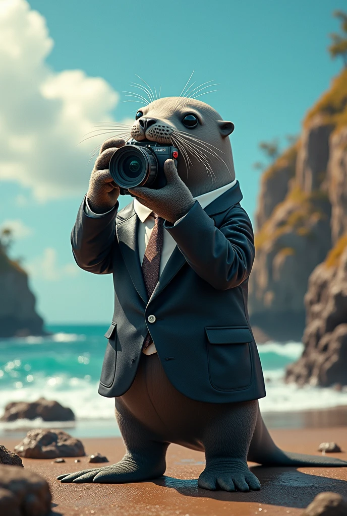 A seal dressed in a suit and a photographer