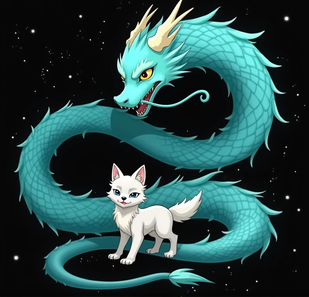 Refers to characters, spirit world, Chinese fire dragon spirit and wolf pup spirit, anime style