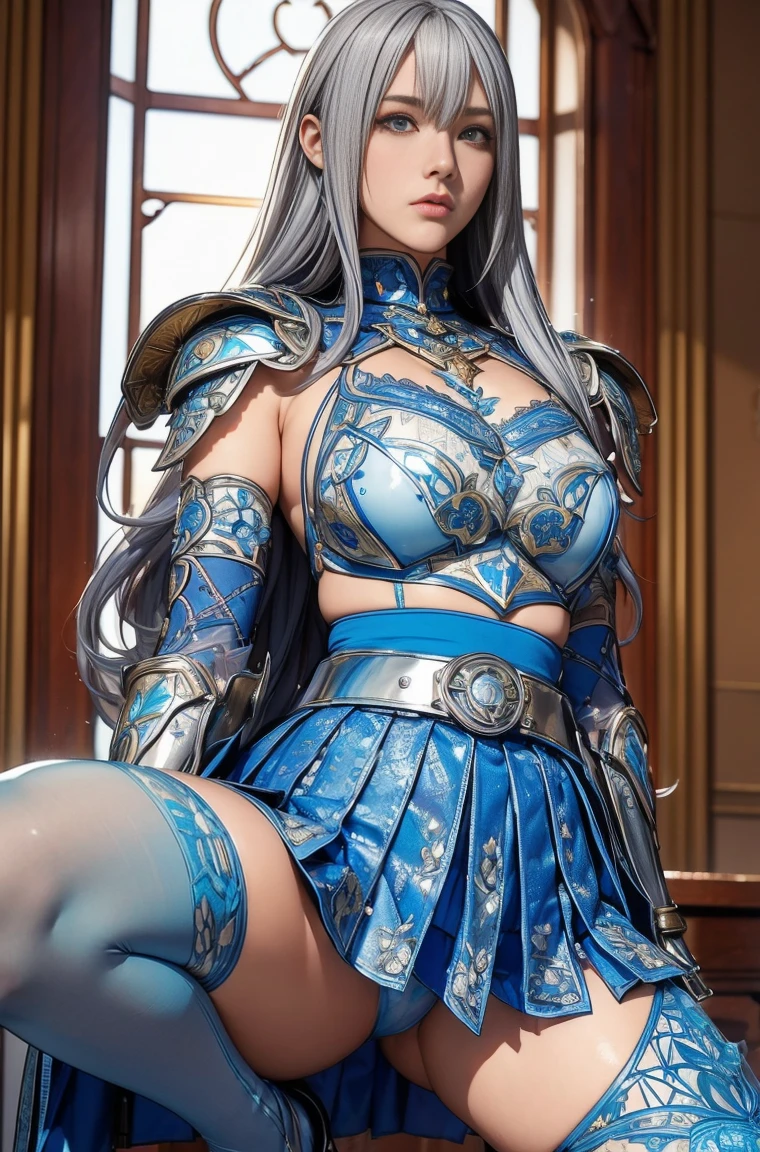 Highest quality}, {Very beautiful}, {Very detailedな}, {The best An illustration}, masterpiece,(((Skirt Lift:1.5))),((Showing off see-through micro pants:1.4)),garter belt:1.5,((Holy Knight)), Smooth breastplate, ((Blue Armor:1.5))、((((Extremely detailed and intricately decorated armor:1.35)))),Red Cowboy Shot,smooth udder、big 、(Golden Ratio,Tabletop, Highest quality, Highest quality, Official Art, beautifully、beautiful:1.2), Very detailed, colorful,Best details,An illustration, Great scene, (Adult,19 years old,One Girl, alone, Final Fantasy 12,Asheria:1.5, Asheria:1.5, Asheria:1.5, Curly Hair:1.5, Long Hair,Silver Hair:1.2,Asheria Costume:1.5, Asheria Costume:1.5, mini skirt,Knee socks, Thighs Thighs Thighs Thighs, gem, Blue Belt,Belt number 1),Course of action, A look of contempt ,Whole body 1.5, squat, Spread your legs,No stockings,squatting, spread legs, tight, puffy nipple,