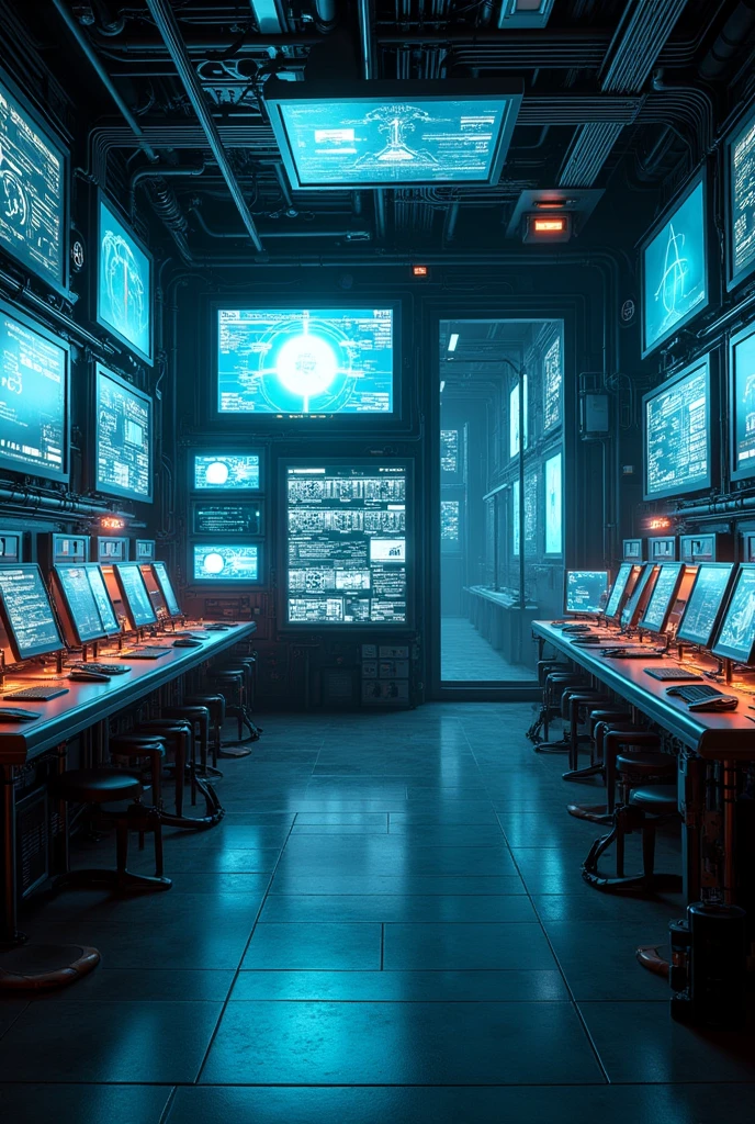 A cyberpunk room full of screens and lots of technology, without anyone inside it in wallpaper format