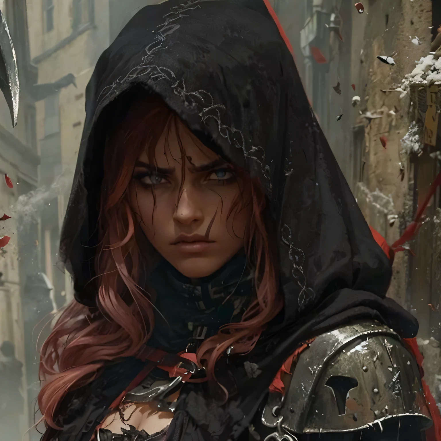 Illustration, Character Bust, Olive Skin, Lip Scar, Auburn Hair, Messy Hair, Stern Expression, Displeased Expression, Black Cloak, Black Hood, Mysterious, Assassin, Angry Expression, androgynous features, Roman Nose, Hooked Nose, Italian, Rome, Silver Buckles, Rouge, Criminal, Ominous, Character Design, Edgy Illustration, Nighttime, hazel eyes, heavy shadows, messy black eyeliner.