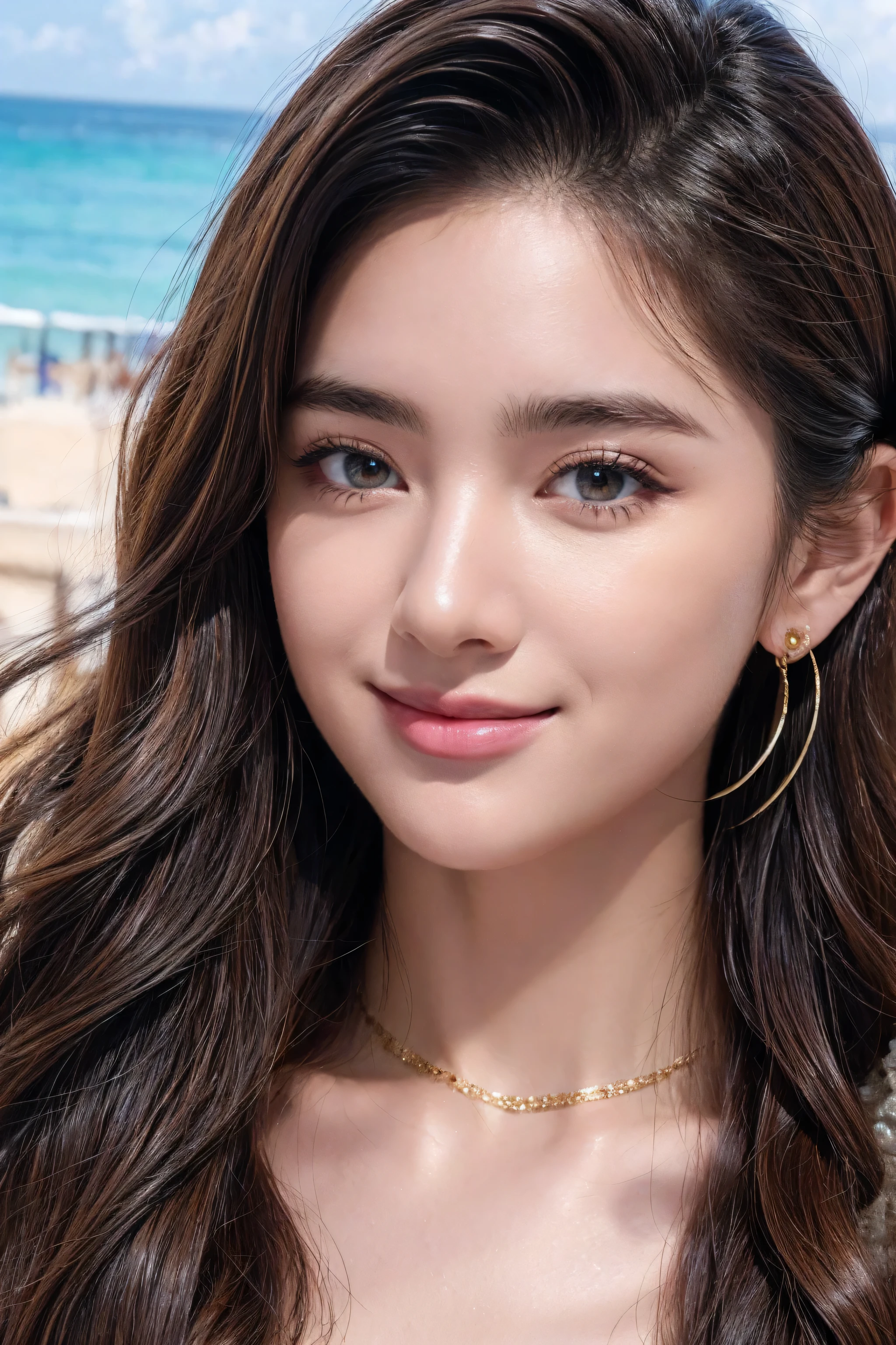 (Masterpiece:1.3), High resolution, Super detailed, Highly detailed CG Unity 8K wallpaper, Real, フォトReal, RAW Photos, Beautiful detailed face, Fair skin, Realな輝く肌, Detailed cloth texture, Detailed hair texture, Perfect Style, Beautiful Face, correct, Anatomically correct, Highly detailed face and skin texture, Natural neck length, (Wet body, Wet Hair:1.1)、
Blake detailed eyes、Symmetrical eyes、Brown eyes、double eyelid、Thin eyebrows、 (Sexy lips:1.3), (A happy smile:1.2), (cheek:1.2)
BREAK、
((Innocent and cute girl:1.3)), ((She is wearing an off-the-shoulder white blouse:1.4)), (Gold buckle belt), (Skinny jeans:1.2), (Cross strap high heels:1.2), (necklace、bracelet), (Thin hoop earrings), (Pinky ring), (Beautiful blue nails:1.2)、
Layer Hairstyles、(Brown Hair:1.2)、(Wavy Hair:1.2)、Medium Long Hair、(Large Breasts、Firm breasts、Beautifully shaped breasts:1.1)、
break、
((Standing to close:1.4))、((looking up at viewer:1.2))、
((up:1.2)),(Focus on the face:1.2),(From above:1.2),(Outdoors on a stylish beachside terrace),((A night sky with many stars and a big full moon:1.3))、