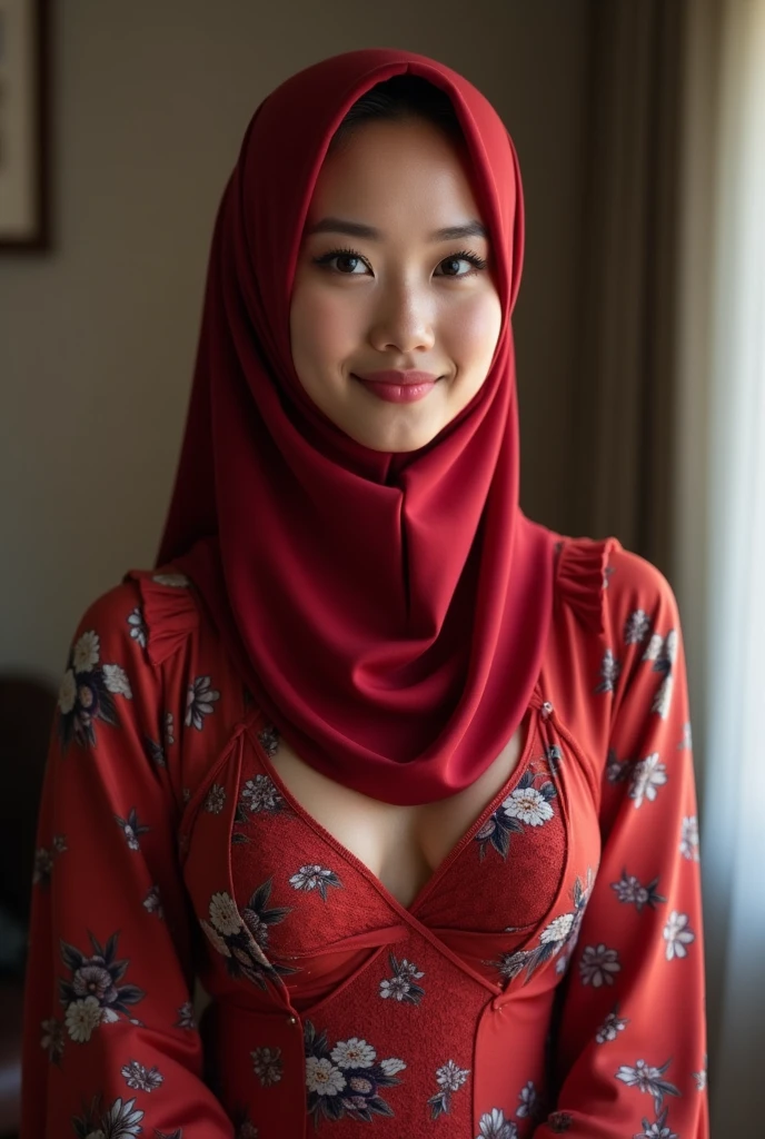(8K, Raw photography, best quality, masterpiece: 1.2), ultra-detailed art, high resolution, (Photorealistic, Photorealistic photography: 1.37), High Detail RAW Color Photography, professional photography, very smooth and beautiful, highly detailed, Image Wallpaper 8K, amazing and detailed details, large file size, Official artwork, Highly detailed CG Unity 8K wallpapers, Highly detailed beautiful women, extra detailed faces, highly detailed eyes, highly detailed eyebrows, highly detailed facial skin, highly detailed fingers, very detailed nose, very detailed mouth, perfect anatomy, very detailed background, (lighting), detailed light rays, (medium chested:1.1), ((hijab sharia clothing:1.1;)), ((tiny body )), ((photo of a woman wearing a red hijab with a floral pattern)), ((Muslim woman wearing a red hijab with a floral pattern)), ((full body photo)), medium breasts, thick eyebrows, ((looking at the audience)), ((pose graceful )), ((standing straight in the flower garden)), hands behind head)), ((both hands behind back)), (spreading armpits), ((smiling face)), happy face, laughing face, upper class creative, the photo is displayed from the head, body, hands to the height of the feet
