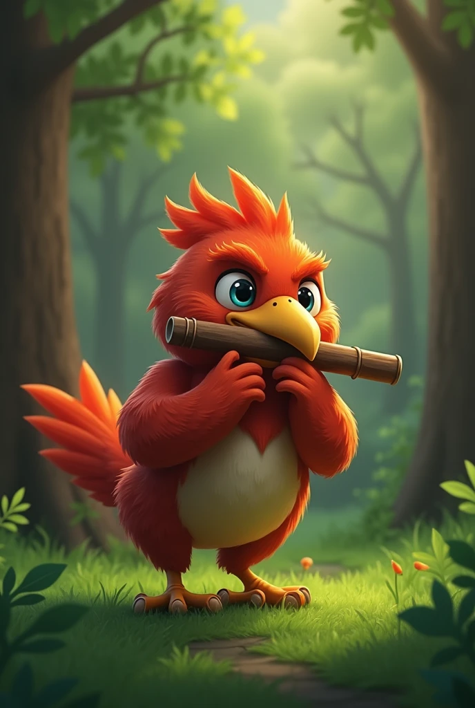 Furry bird plays the flute in the background of a tree in the style of minecraft, he is in the forest