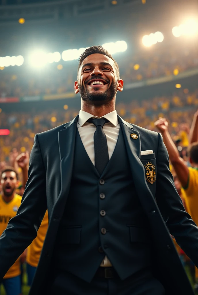 Create an image of Neymar winning the sixth title (Neymar's clothes: a suit) ((realistic and high quality))
