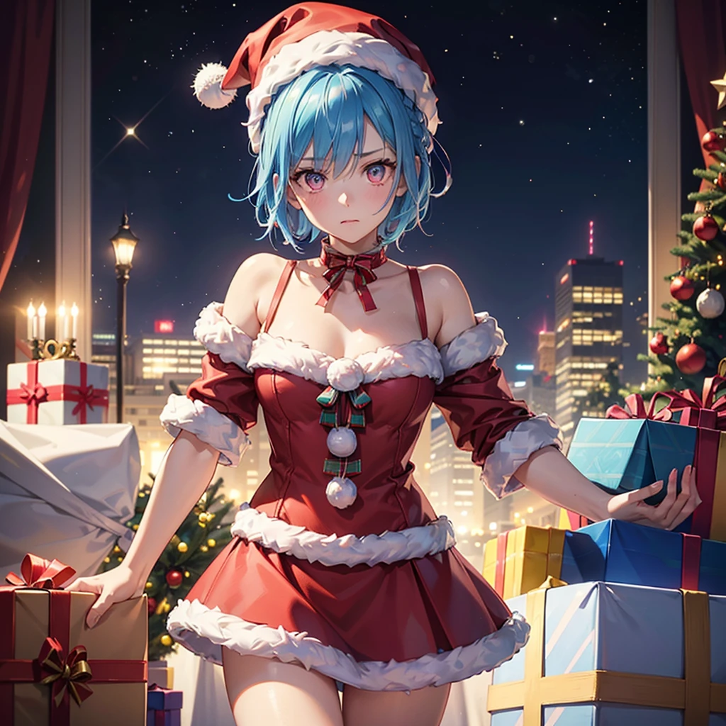 (Sky blue hair),(Braided short hair), (Pink Eyes),Fair skin) ,(whole body),(One Girl),(Gift boxes filling the background),(Santa Claus clothes),Santa Claus hat,(Christmas Party),(masterpiece, Highest quality, Very detailed, Best Shadow), (Detailed Background), (Beautifully detailed face), High Contrast, (Best lighting, Very delicate and beautiful), ((Cinematic Light)), Hyper Detail,8k, Dramatic Light, Intricate details,night,