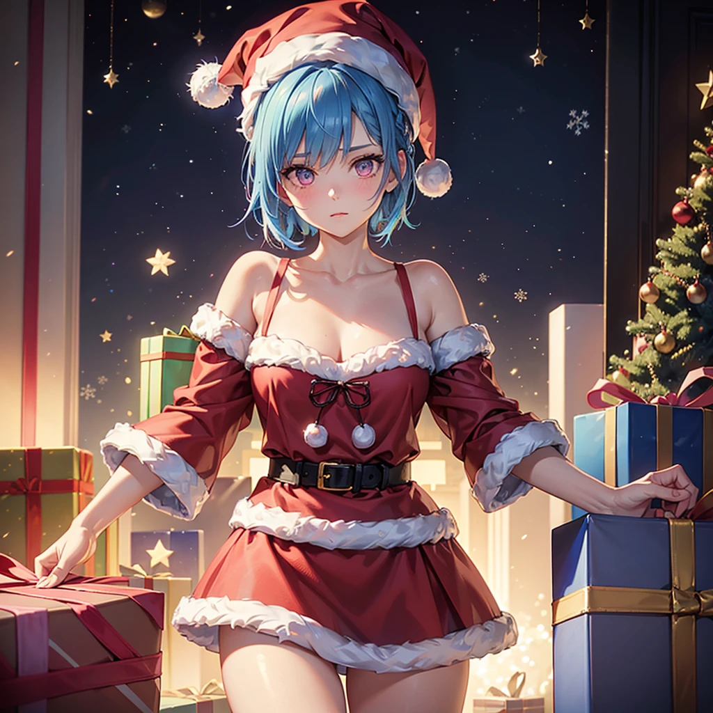 (Sky blue hair),(Braided short hair), (Pink Eyes),Fair skin) ,(whole body),(One Girl),(Gift boxes filling the background),(Santa Claus clothes),(Ahegao),Santa Claus hat,(Christmas Party),(masterpiece, Highest quality, Very detailed, Best Shadow), (Detailed Background), (Beautifully detailed face), High Contrast, (Best lighting, Very delicate and beautiful), ((Cinematic Light)), Hyper Detail,8k, Dramatic Light, Intricate details,night,Christmas tree