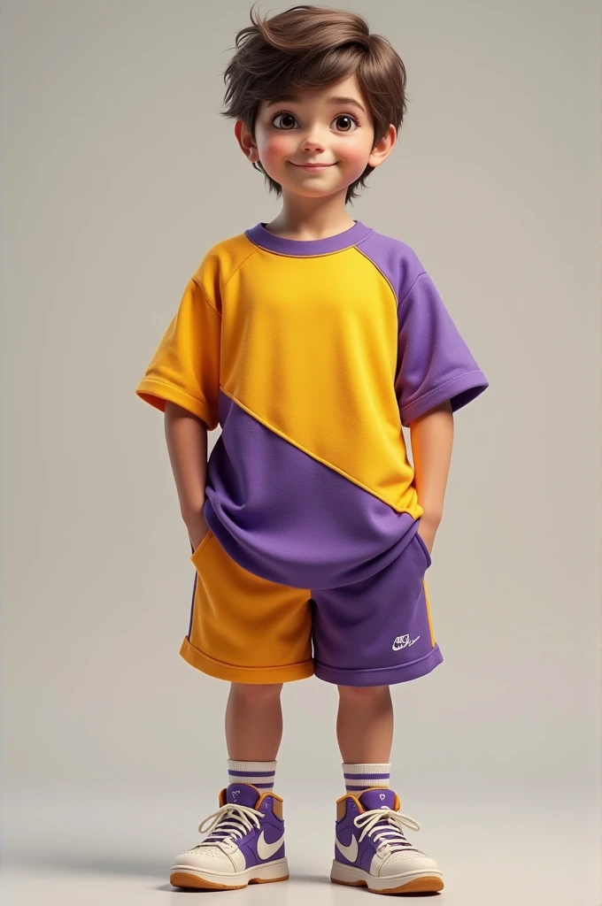 Little shirt and basketball shorts with yellow and purple colors
