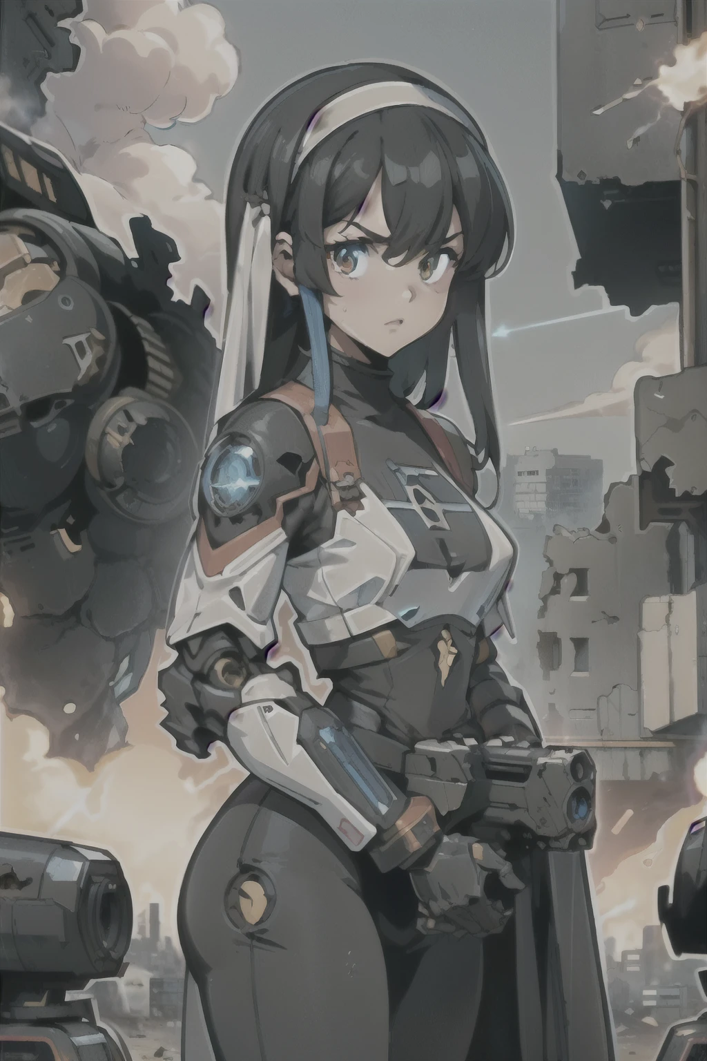 \(Style\): { (masterpiece:1.2, best quality), science fiction },
\(Composition\): { no humans, fire, laser canon beam },
\(Clothing\): { [(mecha:1.2):nun], black armor, },
\(Behavior\): { looking at viewer },
\(Location\): {( war, conflict, destroyed city background )}