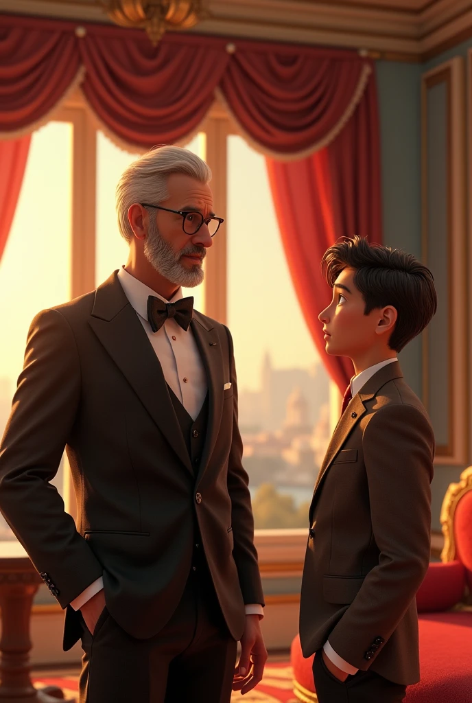 A rich man talking to his son in his fancy house, pixar style, 3d , high-aesthetic, cinematic, masterpiece