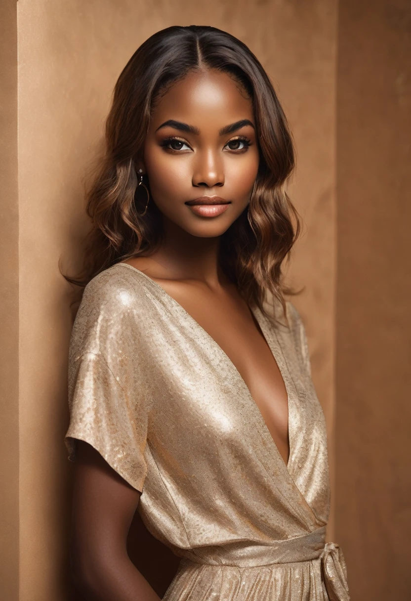 A African Girl of mixed white and black ethnicity, A warm and soft moon night image, room with soft, golden lighting, featuring a portrait-style setting, where which shows through in her honey brown skin tone, in her mid-20's, with a slim, athletic body build, heart-shaped face, adorned with dark brown peppered with blonde highlights, shoulder-length hair and subtle, warm undertones to her smooth, almond-colored skin, her eyebrows gently furrowed, and her full lips curled up into a gentle, reassuring smile, conveying a sense of calm and trustworthiness.