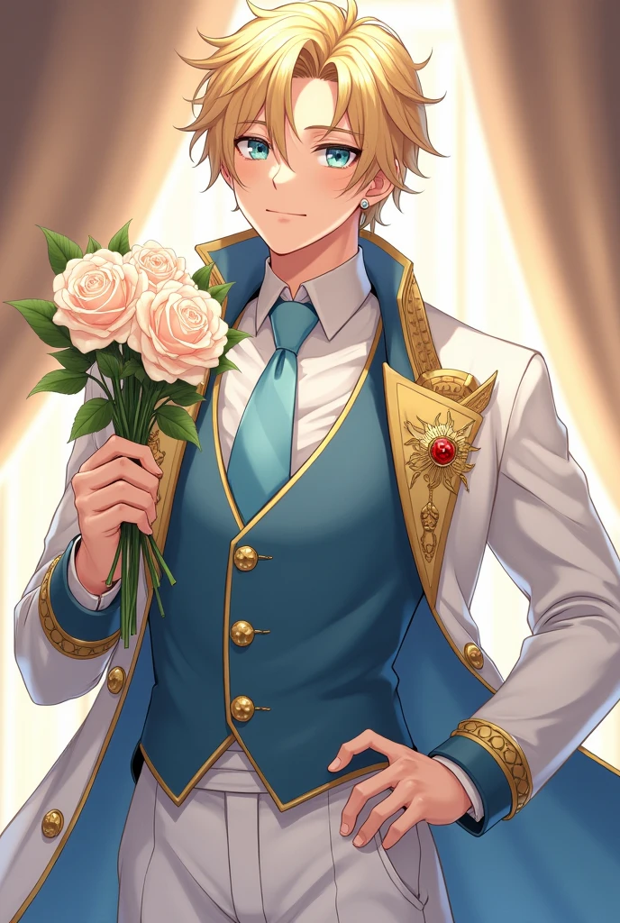 17 year old boy with golden hair, light sea green eyes white skin , Lean, with earrings in the ears, formal wear, white cover inside the cover fabric similar to blue silk, gold accents prendendo uma parte da ponta de cima da capa na outra,part of fur on the top and bottom of the coat,calça branca com gold accents na cintura , top of black clothes, gold accents, gravata azul clara com gold accents, sleeves of white clothes, pose with hand on waist showing part of white sleeve while holding a bouquet of roses in the other, confident personality,affectionate,expert, caring.while smiling, varios gold accents na roupa toda, and a sun crest on the chest . アニメ