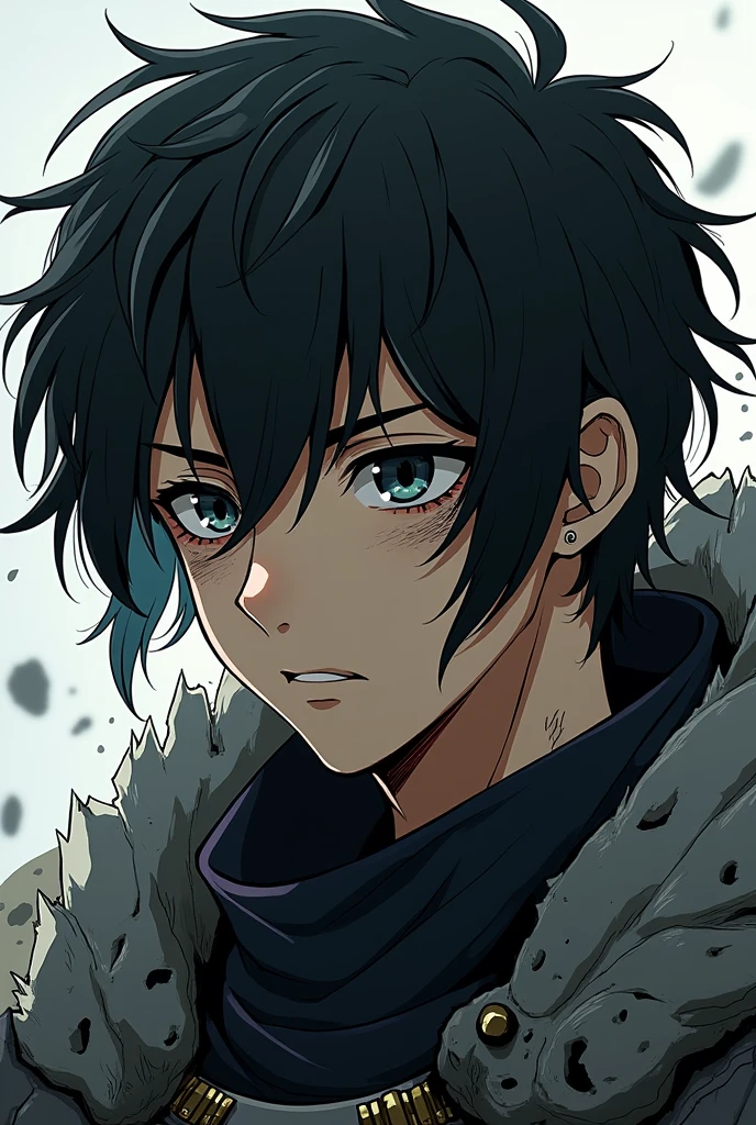 A 23 year old male with black eyes with long hair and a scar that runs across his cheek and down to his eye in an anime style with broken armor and a completely sad face., but with a look of determination.