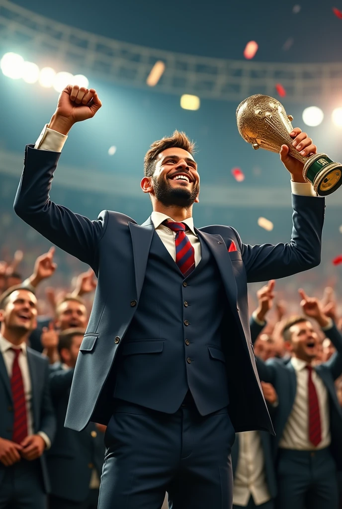 Create an image of Neymar winning the sixth title (Neymar's clothes: a suit) ((realistic and high quality))