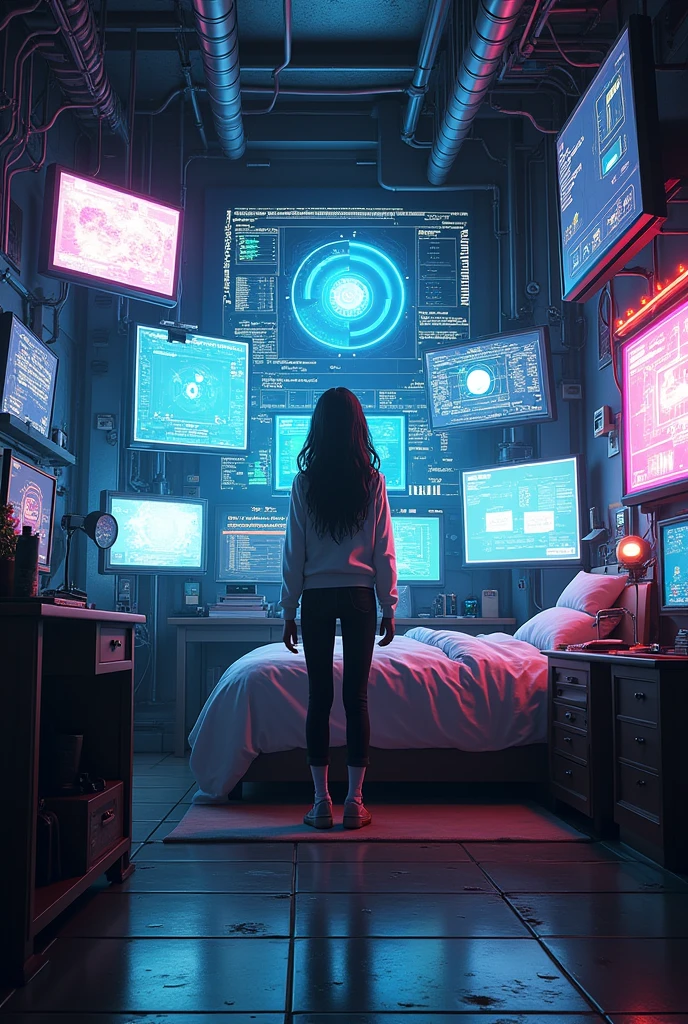 A cyberpunk girl's room full of screens and lots of technology, with no one inside it in PC wallpaper format