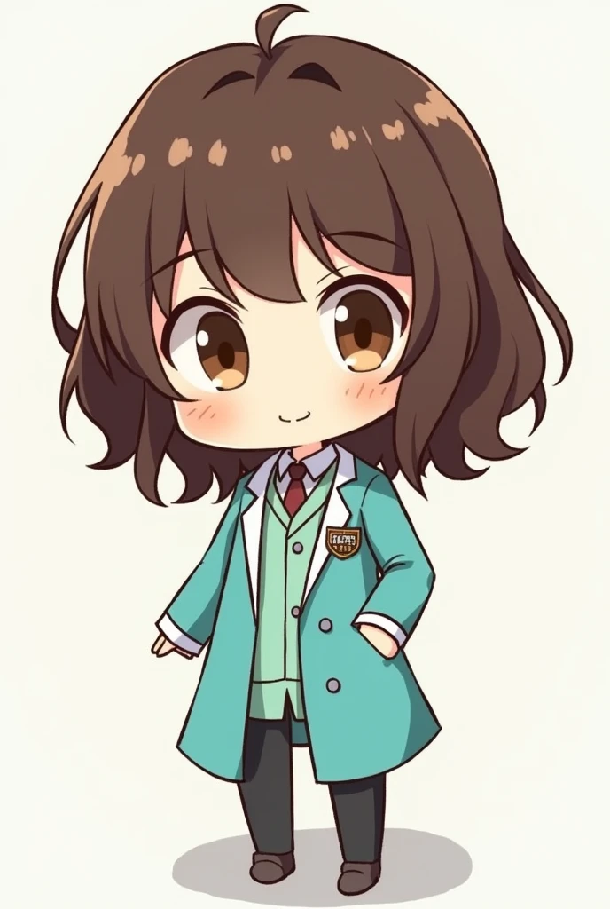 chibi doctor with shoulder length brown hair, big brown eyes with turquoise uniform