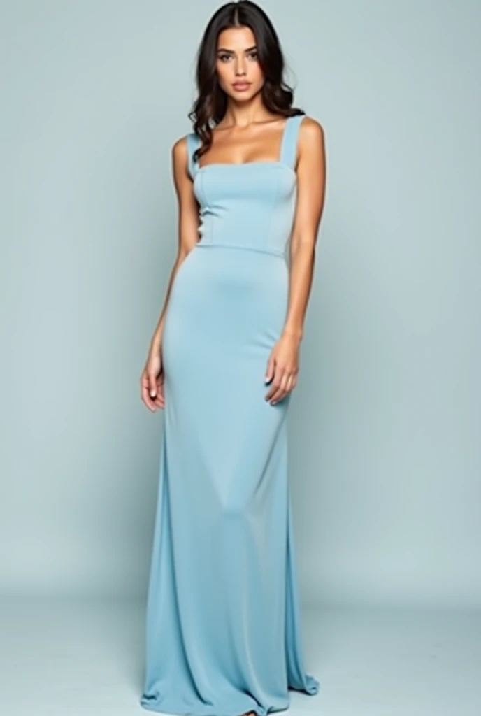 a long dress with a square neckline that is not too tight, light blue