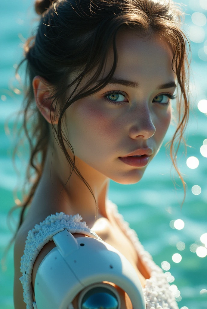 art by Cornflower, dreamy, (a girl who was and had beautiful detailed eyes. The depth of field in the photo was perfect, and the lens flare added a nice touch. The finely detailed features of her face really stood out, and the score for this photo was definitely greater than 10. In the background, there was a beautiful ocean with crystal clear water and water droplets on the surface. It was a stunning photo that really captured the beauty of the girl and the water.) photorealistic image of a woman with a robotic arm in the style of ed burtynsky, ai weiwei, hyperdetailed, juan roberto diago, christian boltanski, brigitte bardot