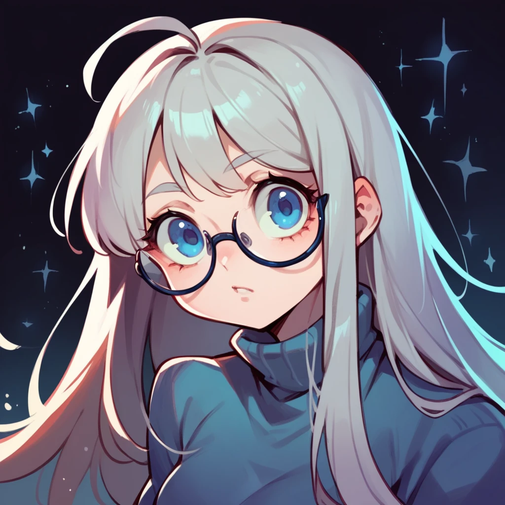 Girl, Cartoon cutie, big eyes, Gray long hair, Blue eyes, Glasses, Dark background.