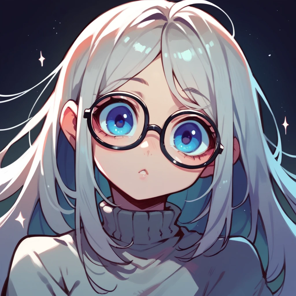 Girl, Cartoon cutie, big eyes, Gray long hair, Blue eyes, Glasses, Dark background.