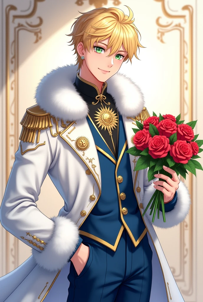 17 year old boy with golden hair, light sea green eyes white skin , Lean, with earrings in the ears, formal wear, white cover inside the cover fabric similar to blue silk, gold accents prendendo uma parte da ponta de cima da capa na outra,part of fur on the top and bottom of the coat,calça branca com gold accents na cintura , top of black clothes, gold accents, gravata azul clara com gold accents, sleeves of white clothes, pose with hand on waist showing part of white sleeve while holding a bouquet of roses in the other, confident personality,affectionate,expert, caring.while smiling, varios gold accents na roupa toda, and a sun crest on the chest . アニメ