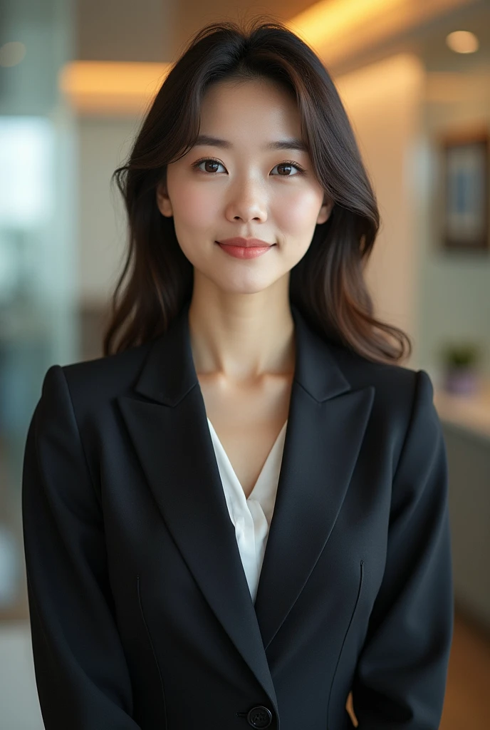 high resolution, Realistic portrait of a Korean professional woman with perfect skin, Professional suit, Show confidence and maturity, Surrounded by a modern corporate environment., Vivid and naturally lit highlights. The work should highlight her elegant facial features.., Including the attractive long eyes, 흩날리는 속눈썹을 가졌습니다high resolutionolution display, and complex stationery. The overall tone should be warm and professional.., It has a soft and natural color palette.. The work must be professional., success, and cultural pride. The breasts are not too big and there is no bra.. You have to spread your legs and expose your vagina.. I crave sex.