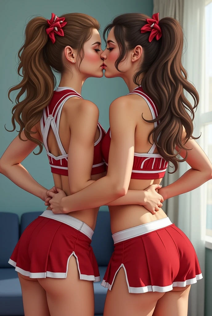 extremely detailed picture of 4 cute cheerleader girls kissing in short skirts showing panties