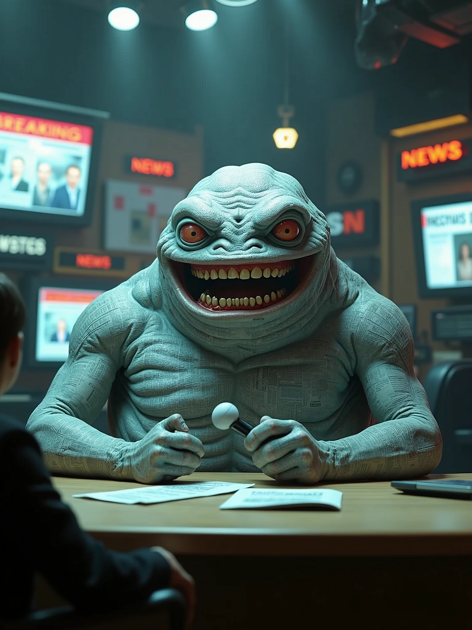 A cinematic and surreal scene where a giant grey, blueish blob serves as the news anchor. The monster, with a wide toothy grin, sits at the news desk, holding a microphone and speaking into it. The background reveals a chaotic newsroom with various monitors displaying breaking news. The overall atmosphere is a mix of retro and modern, with a touch of horror and comedy. The monster's eyes have a human-like expression, and his body seems to be made of newspaper-like scales., cinematic