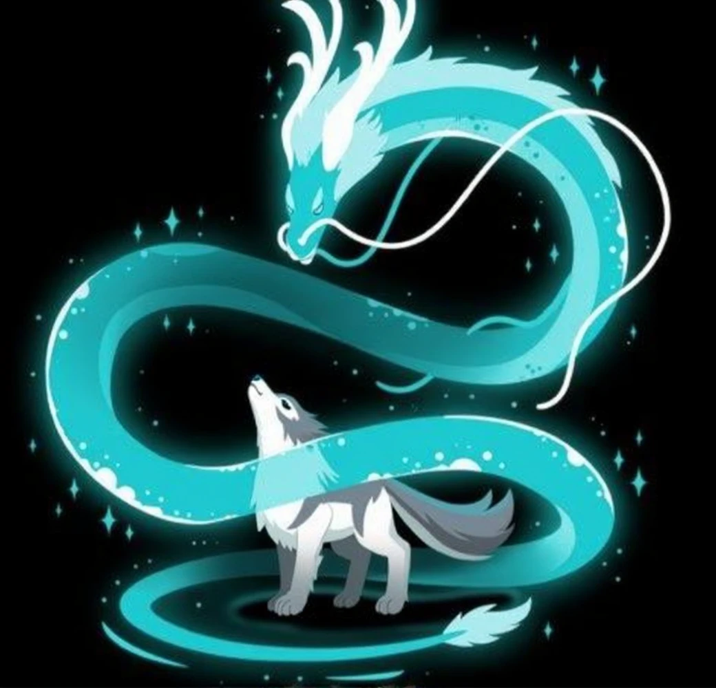 A detailed, high-quality anime-style portrait of a Chinese fire dragon spirit and a wolf pup spirit, scarlet dragon, fire, dramatic lighting, ultra-detailed, 8k, vivid colors, cinematic composition, masterpiece, dramatic atmosphere, stunning details, intricate patterns, fantastical elements, stunning realism, photorealistic, dramatic lighting, moody color palette, intense gaze, powerful presence, ethereal, mystical, fantasy realm, dynamic composition