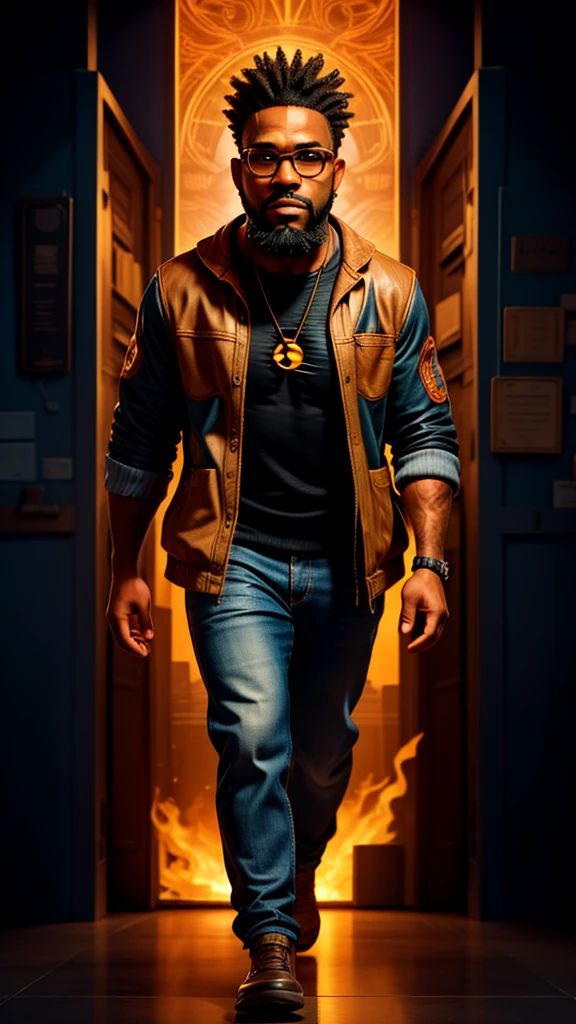 Illustration of a 40-year-old black man, tall, with shaved hair, big beard and nerdy glasses. The man is walking towards the viewer, extremely bold outline, flash, tribal, cyberpun background