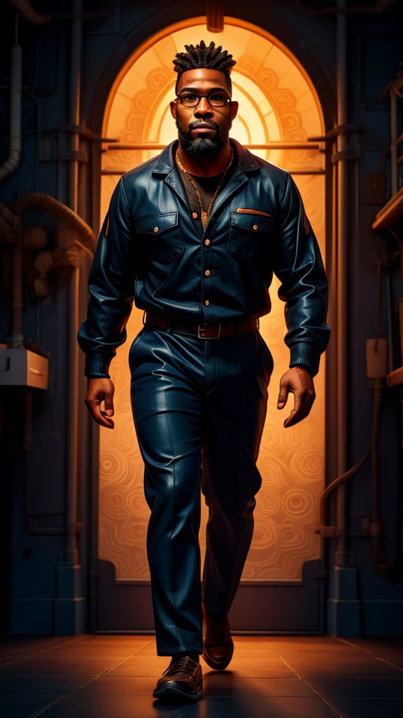 Illustration of a 40-year-old black man, tall, with shaved hair, big beard and nerdy glasses. The man is walking towards the viewer, extremely bold outline, flash, tribal, cyberpun background
