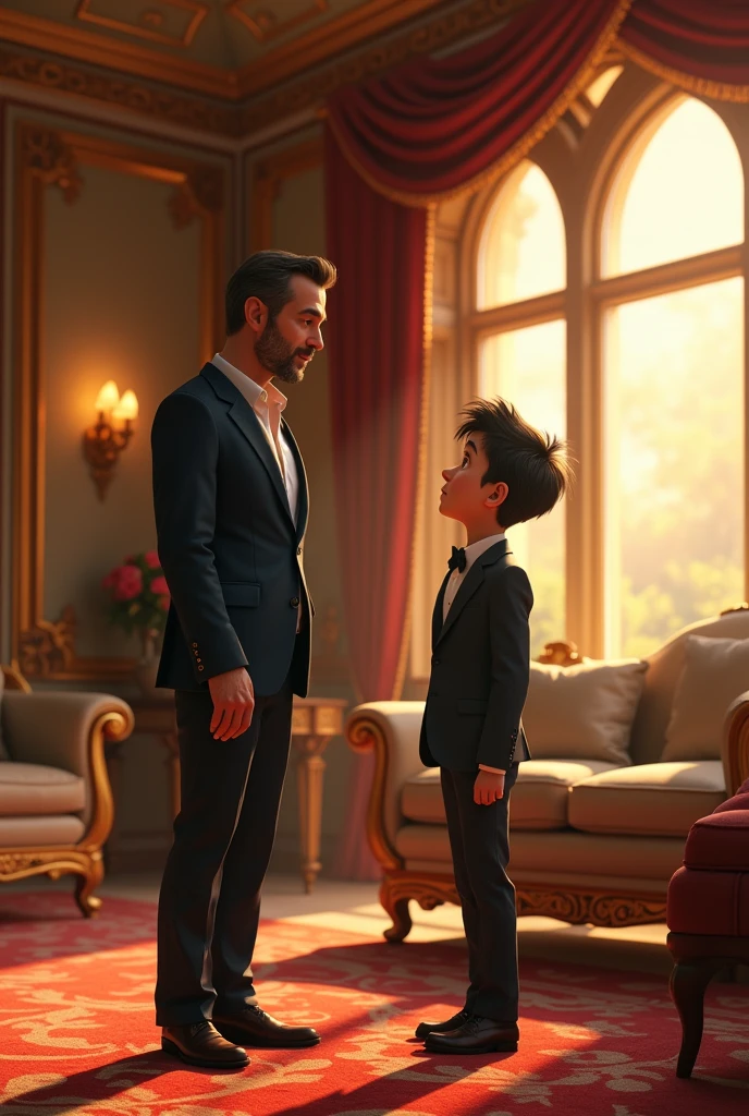 A rich man talking to his 18 yeae old son in his fancy house, pixar style, 3d , high-aesthetic, cinematic, masterpiece