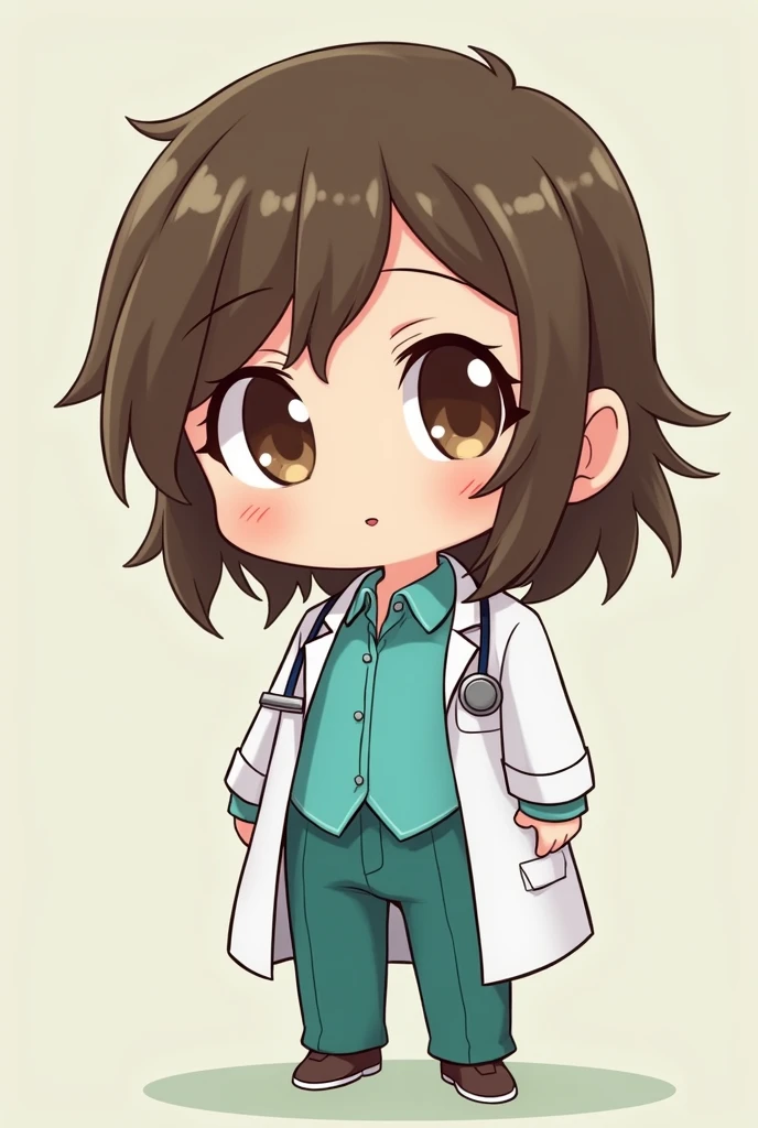 Little chibi doctor with shoulder length brown hair, big brown eyes with turquoise uniform