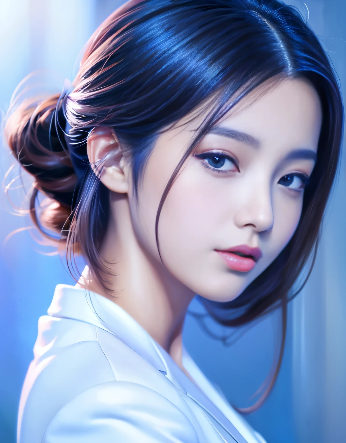 Close up portrait of woman in blue suit and white shirt, Elegant digital art, High-quality portraits, Shiny digital painting, Digital Art Images, Beautiful digital art, Elegant digital painting, Portrait of a female idol in Japan, Beautiful digital painting, Realistic cute girl drawing, high quality digital painting, TWICE's Tzuyu, Professional Profile Photo, Japanese Girls