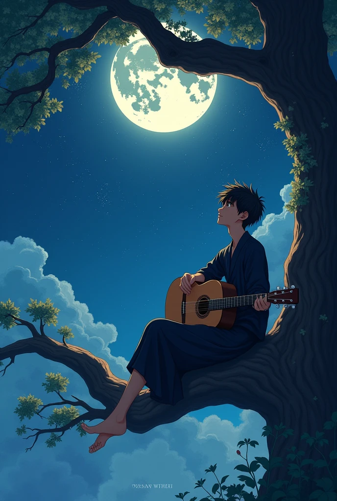 A young man with long hair dressed in black with an acoustic guitar sitting in a tree while looking at the stars and the moon(the drawing that is anime type)