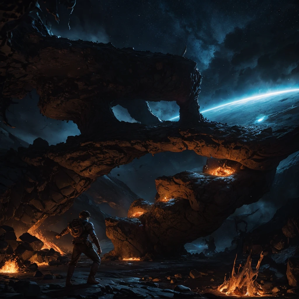 A very curly brown haired boy with powers fighting on an inhospitable planet against a large humanoid creature made of stone and lava fragments.