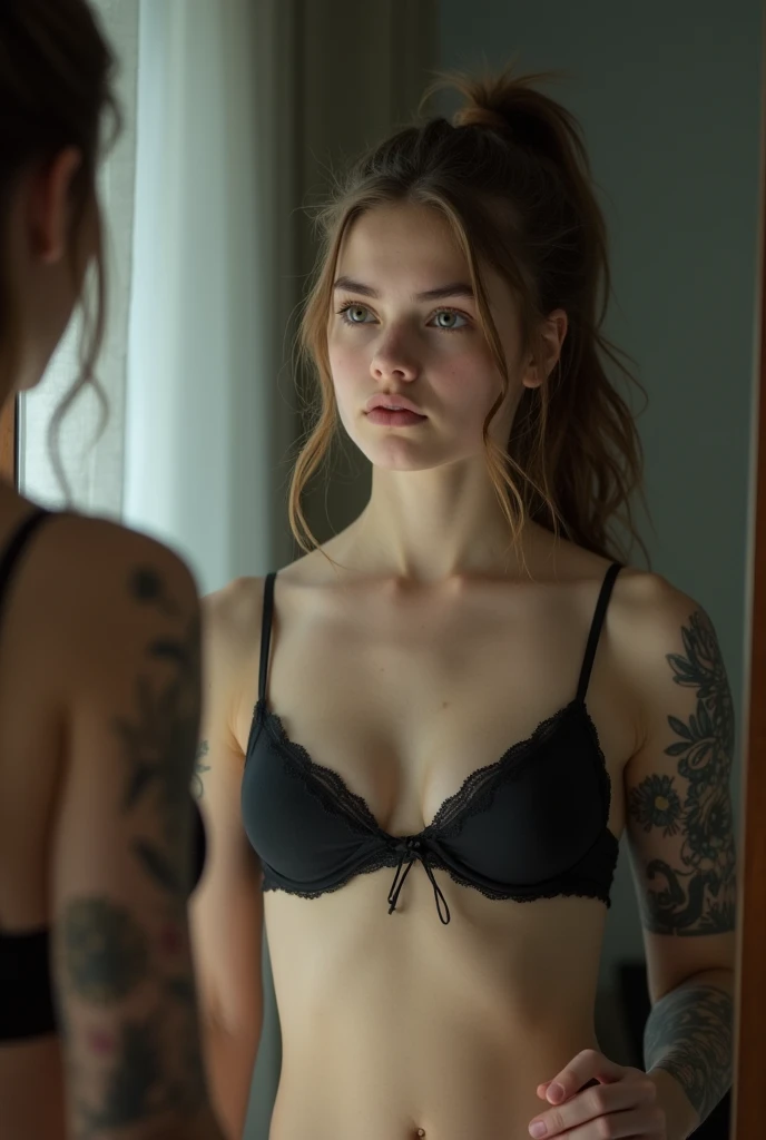 A sad young white tween girl looking in the mirror wearing a bra. Tattoos 