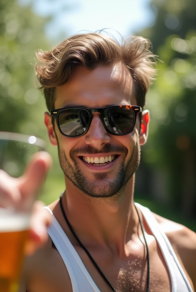 Now create an image of this same man  with 25-year-old in his backyard, taking a front-facing selfie, wearing sunglasses, smiling at the camera, with a beer by his side. Ensure the scene looks completely natural and realistic. 



